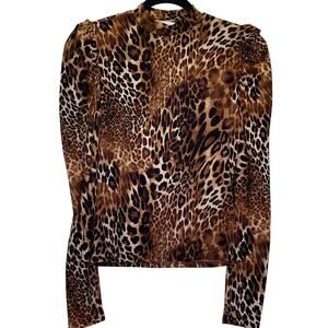 Free Kisses Top Leopard Pufff Sleeves S Trendy‎ Stretchy Fitted Mock Neck